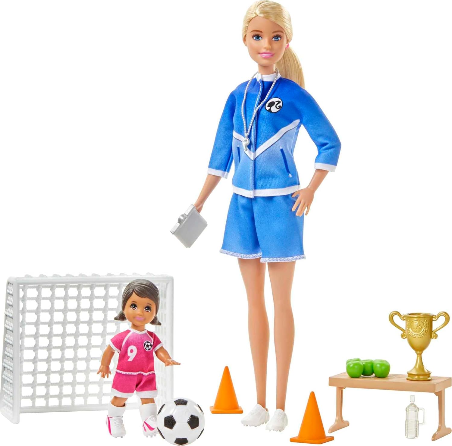 Barbie Soccer Coach Playset with Dolls Soccer Accessories Goal Net Trophy and Training Equipment