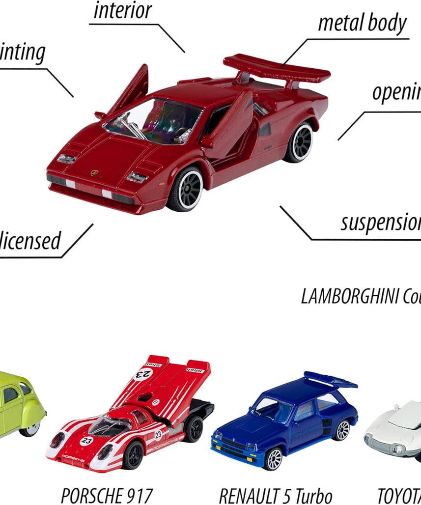 Majorette Vintage Autos 5-Piece Set – Ford Mustang, Porsche 934, Renault Alpine A110, VW Beetle & VW T1, Die-Cast Collectible Toy Cars for Kids & Collectors