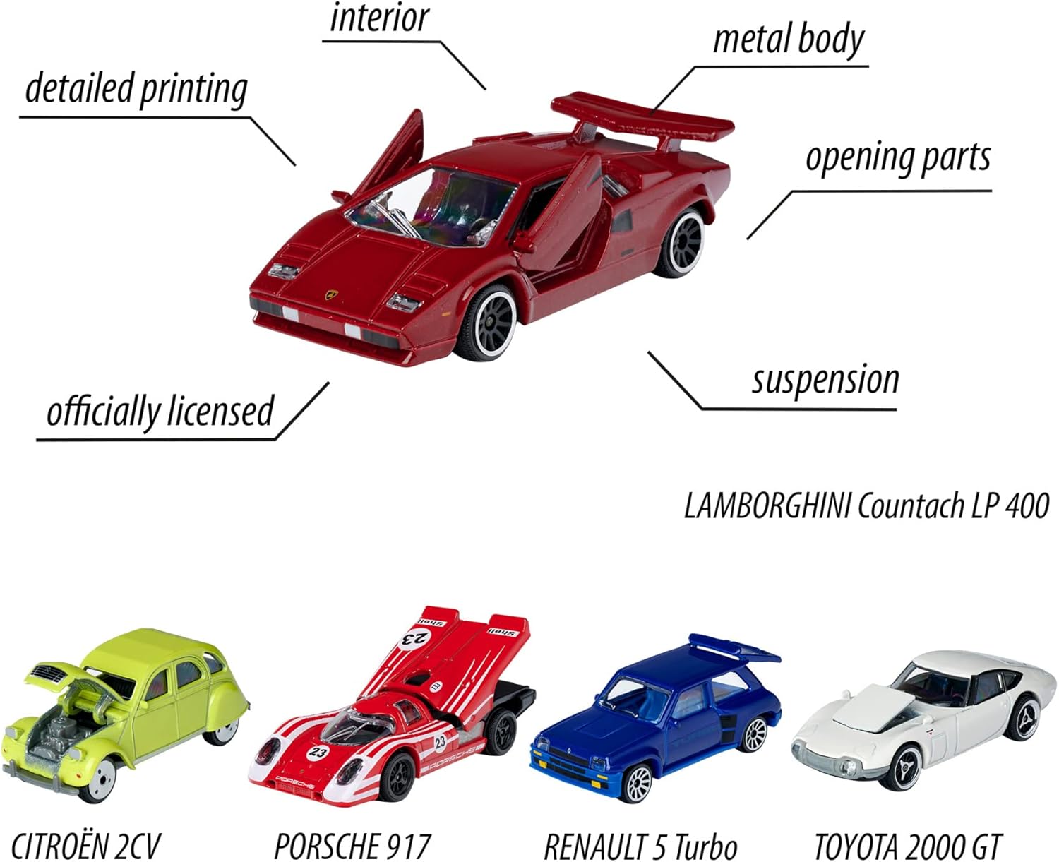 Majorette Vintage Autos 5-Piece Set – Ford Mustang, Porsche 934, Renault Alpine A110, VW Beetle & VW T1, Die-Cast Collectible Toy Cars for Kids & Collectors