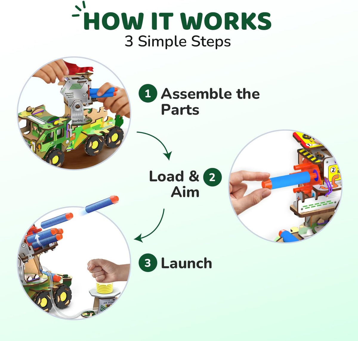 Smartivity DIY Missile Truck for Kids | Build Your Own Military Vehicle with Air-Powered 360° Rotating Launcher & 5 Foam Missiles | STEM Engineering Toy | Birthday Gift Boys & Girls 8 9 10 11 12 13 14