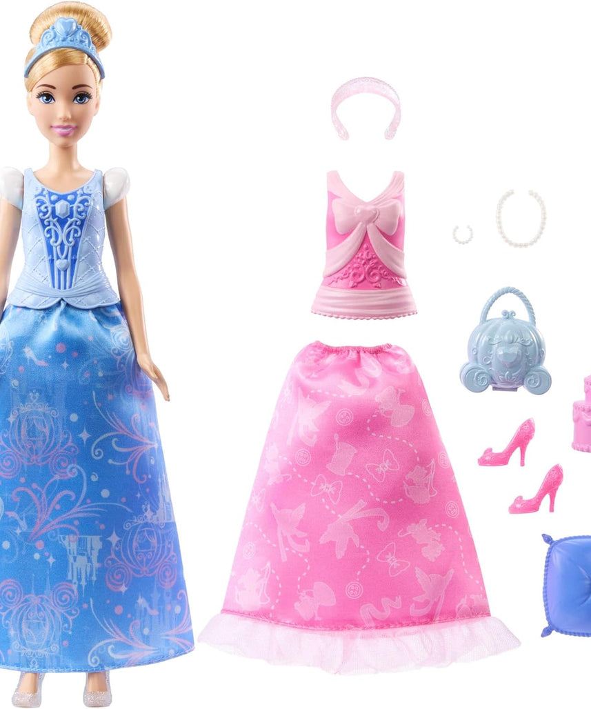 Mattel Disney Princess Toys, Cinderella Fashion Doll with 2 Looks, 9 Accessories, 2 Snap-On Bodices & 2 Skirts, 2-in-1 Stories Inspired by Disney Movie
