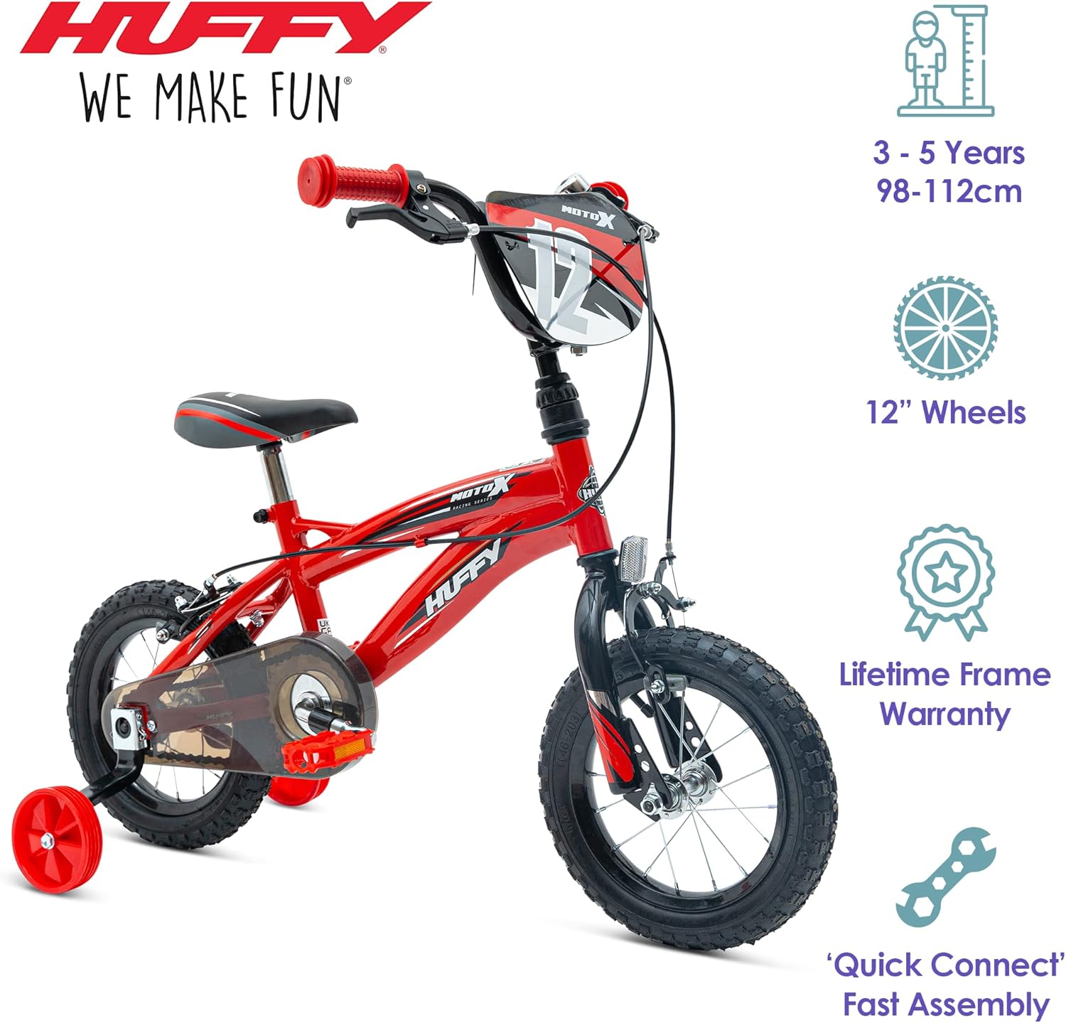 Huffy Moto X Boys Bike 12, 14, 16, 18 Inch Wheels, Multiple Colours, BMX Styling, Single-Speed Kids Bicycle with Stabilisers, Quick Connect Assembly, Ages 3-7