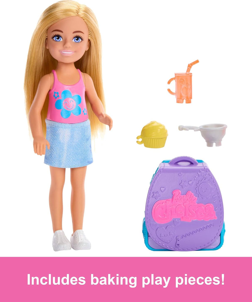 Barbie Family & Friends Cupcake Baking Backpack Blonde Chelsea Doll, Wearable Backpack with Baking Play Pieces