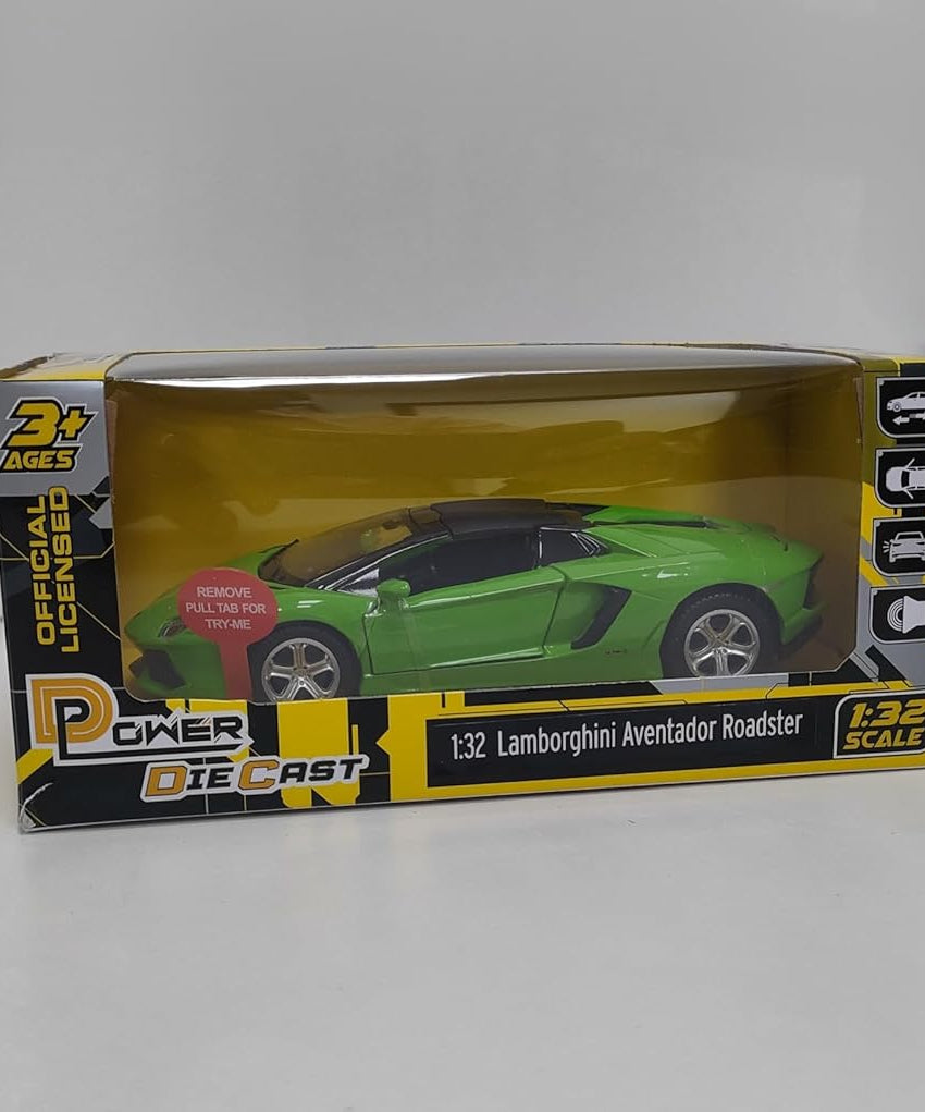 D-power Lamborghini Aventador Roadster Die-Cast Model Car – 1:32 Scale, Green, Pull-Back with Lights & Sounds, Ages 3+