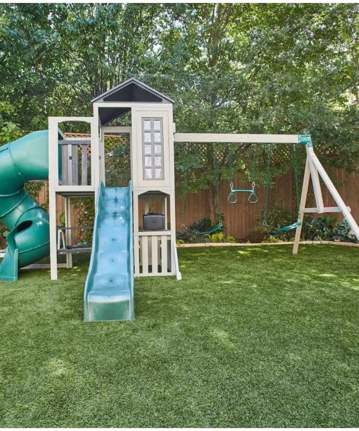 KidKraft Silver Sands Wooden Swing Set with Slides, Swings, Acrobar, Clubhouse and Picnic Table, Outdoor Playset for Kids Ages 3–10