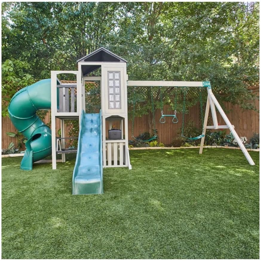 KidKraft Silver Sands Wooden Swing Set with Slides, Swings, Acrobar, Clubhouse and Picnic Table, Outdoor Playset for Kids Ages 3–10