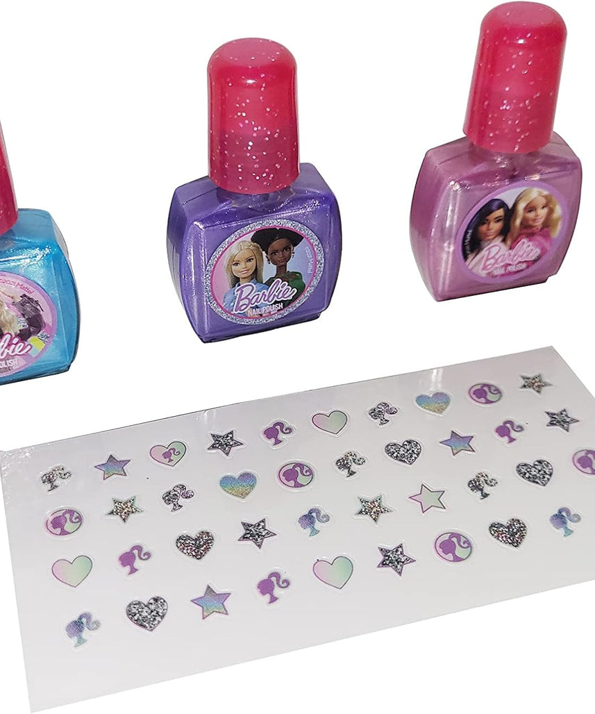 Barbie Nail Polish Set for Girls with 3 Colorful Peel-Off Nail Polishes with Nail Stickers in Carry Bag & Washable Safe Formula, Fun Toy Cosmetic Gift for Kids Ages 6 and Up