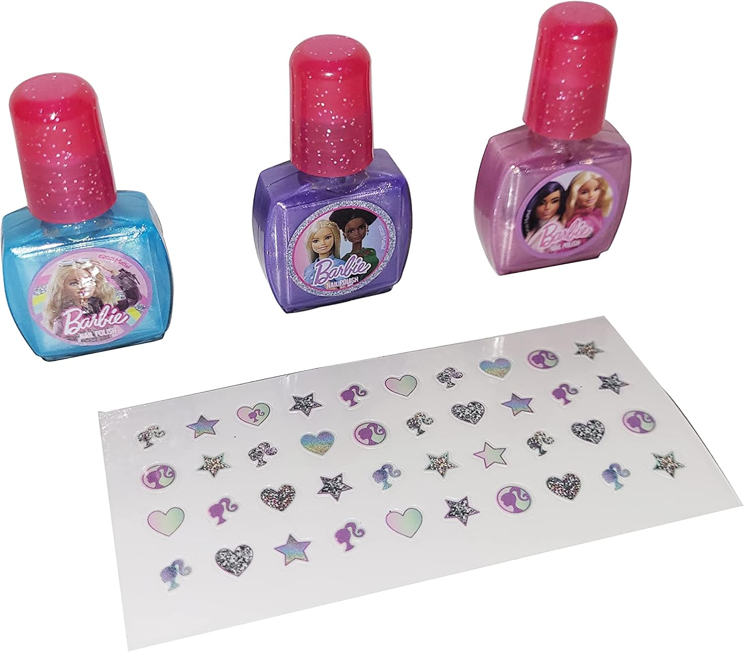 Barbie Nail Polish Set for Girls with 3 Colorful Peel-Off Nail Polishes with Nail Stickers in Carry Bag & Washable Safe Formula, Fun Toy Cosmetic Gift for Kids Ages 6 and Up