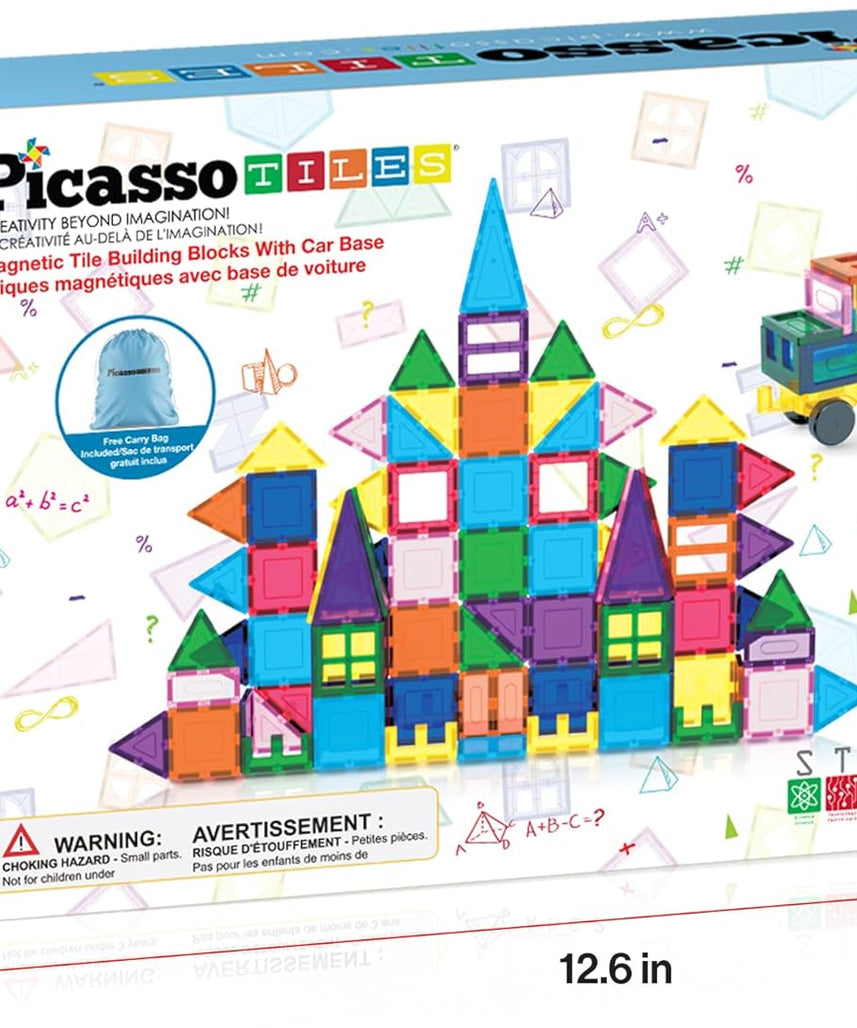 PicassoTiles 101pc Magnetic Tile Building Blocks with Car Base Drawstring Carry Toy Storage Bag Magnetized Block for Kids Magnet ToySet Educational STEM Learning Child Brain Development Ages 3+ PC101