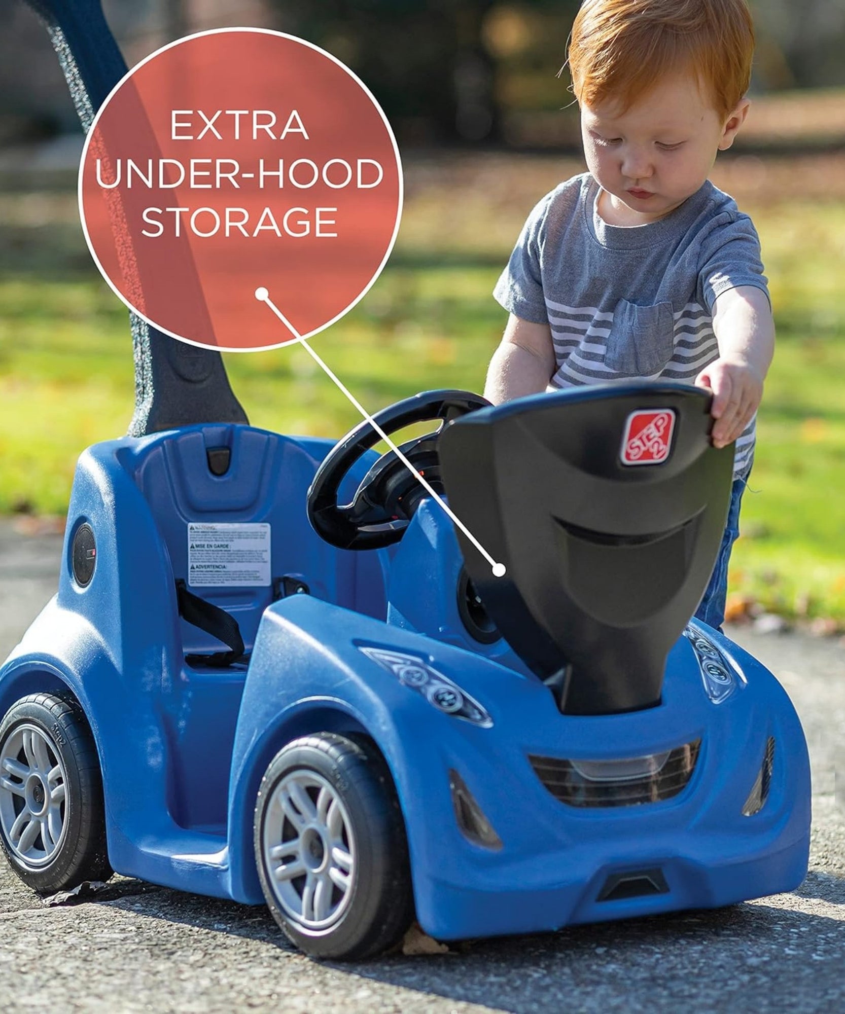 Step2 Buggy GT, Single Seater Kids Push Car, Easy to Store Ride On Toy with Seatbelt, Horn and Storage Trunk, Suitable for Children both Boys and Girls Aged 18m and Above, Blue
