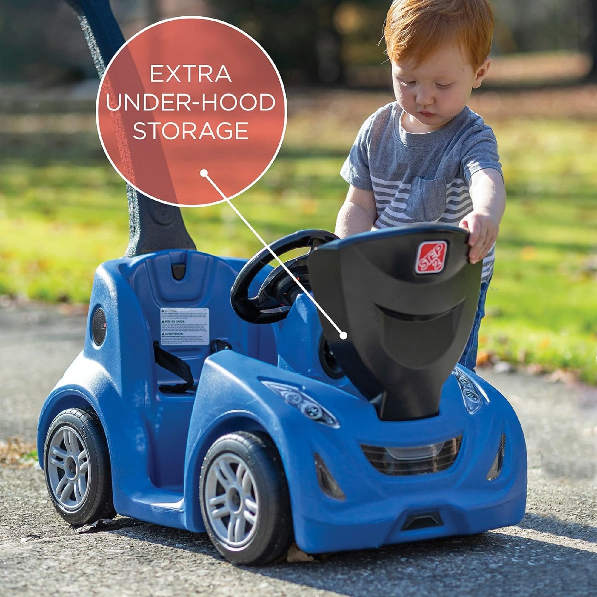 Step2 Buggy GT, Single Seater Kids Push Car, Easy to Store Ride On Toy with Seatbelt, Horn and Storage Trunk, Suitable for Children both Boys and Girls Aged 18m and Above, Blue