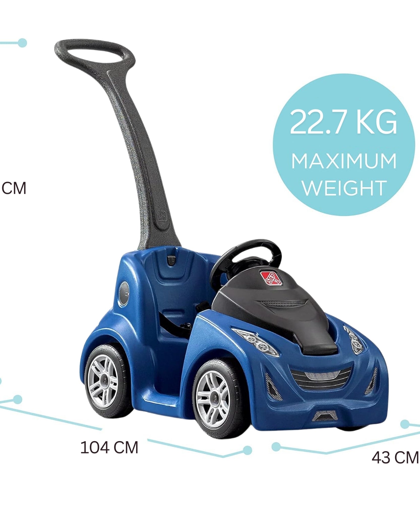 Step2 Buggy GT, Single Seater Kids Push Car, Easy to Store Ride On Toy with Seatbelt, Horn and Storage Trunk, Suitable for Children both Boys and Girls Aged 18m and Above, Blue