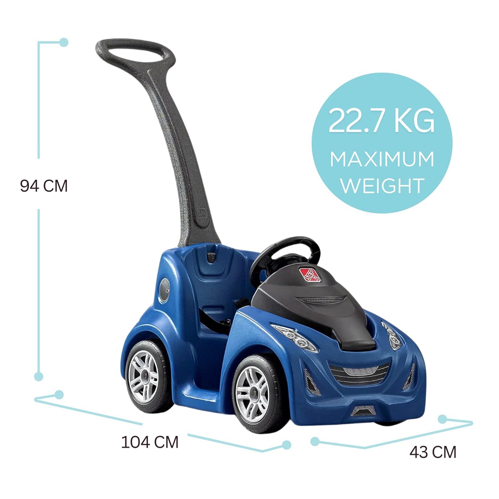 Step2 Buggy GT, Single Seater Kids Push Car, Easy to Store Ride On Toy with Seatbelt, Horn and Storage Trunk, Suitable for Children both Boys and Girls Aged 18m and Above, Blue