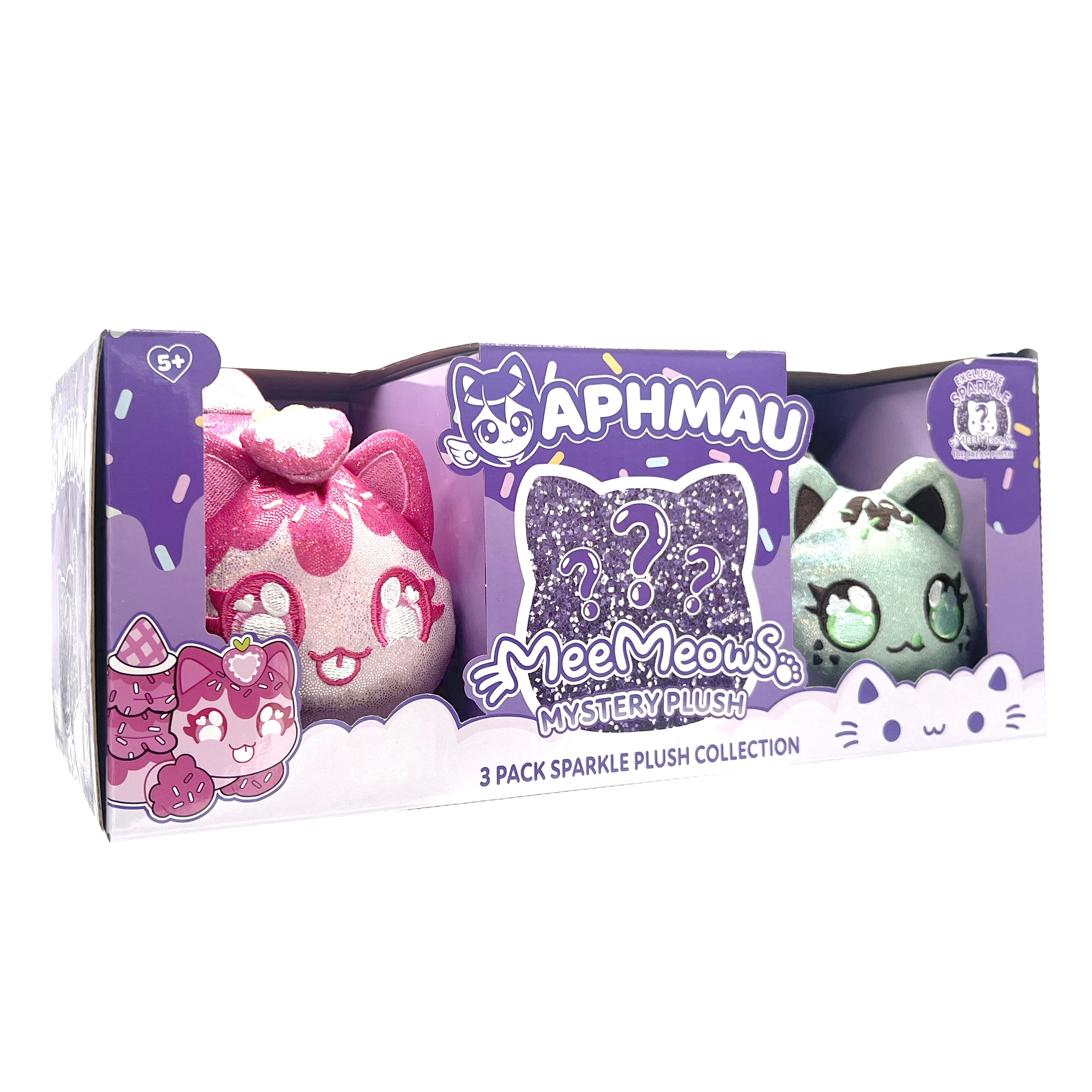 Aphmau MeeMeow Plush 3-Pack Sparkle Ice Cream Edition, 6 Inch Collectible Cat Plush Toys, Soft & Cuddly Gift for Kids, Ages 5+