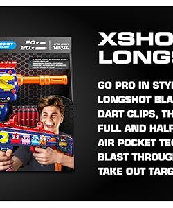XShot Skins Pro Pac-Man Long Shot Blaster, 40 Darts, Slam Fire, Retro Skin, 2 Quick Clips, Half & Full-Length Ammo, Air Pocket Foam Tech, 66ft Range for Boys, Age 14+