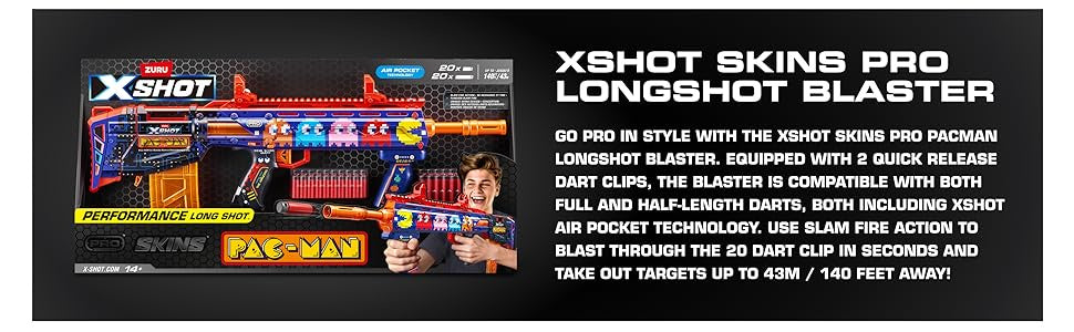 XShot Skins Pro Pac-Man Long Shot Blaster, 40 Darts, Slam Fire, Retro Skin, 2 Quick Clips, Half & Full-Length Ammo, Air Pocket Foam Tech, 66ft Range for Boys, Age 14+