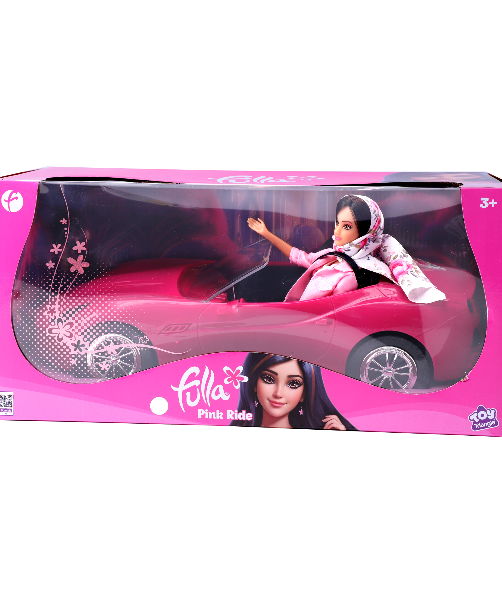 Fulla Ride and Drive Doll with Pink Car, Floral Scarf and Pink Denim Jacket, Pretend Travel Adventure Play Set for Kids Aged 3+