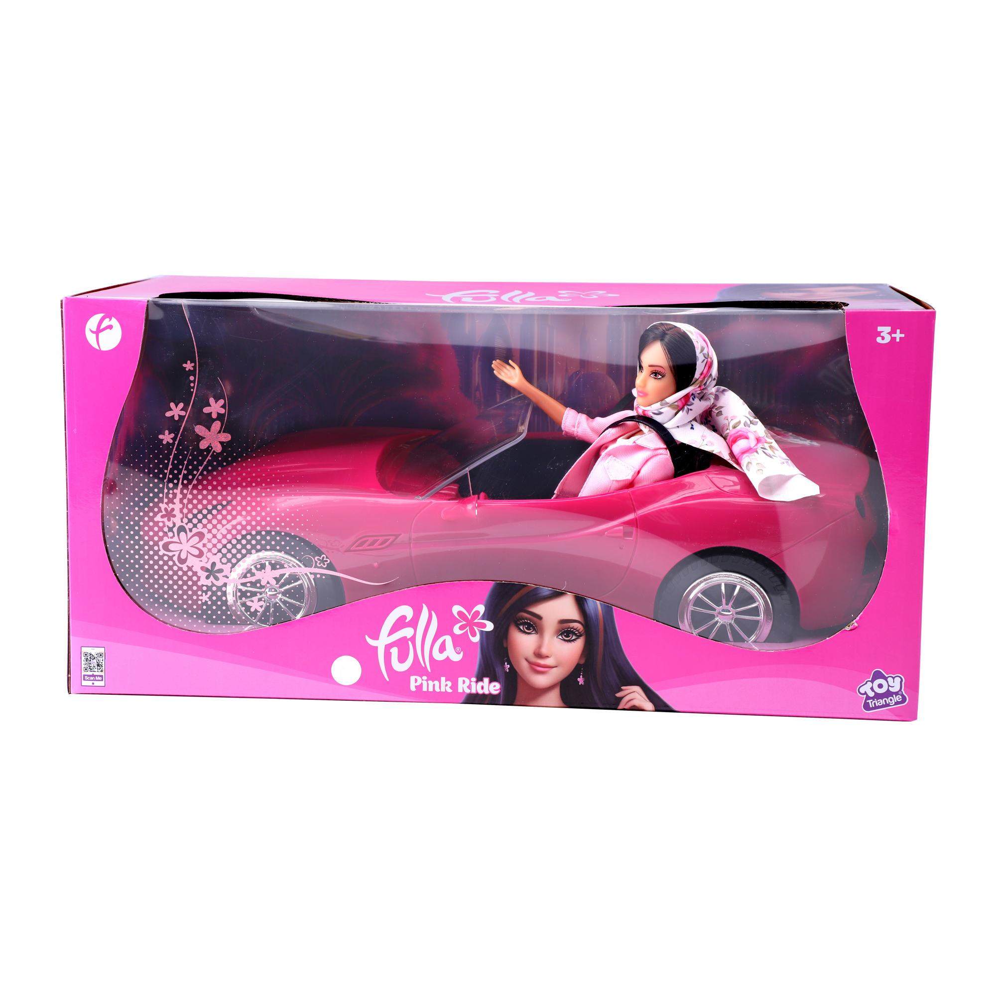 Fulla Ride and Drive Doll with Pink Car, Floral Scarf and Pink Denim Jacket, Pretend Travel Adventure Play Set for Kids Aged 3+