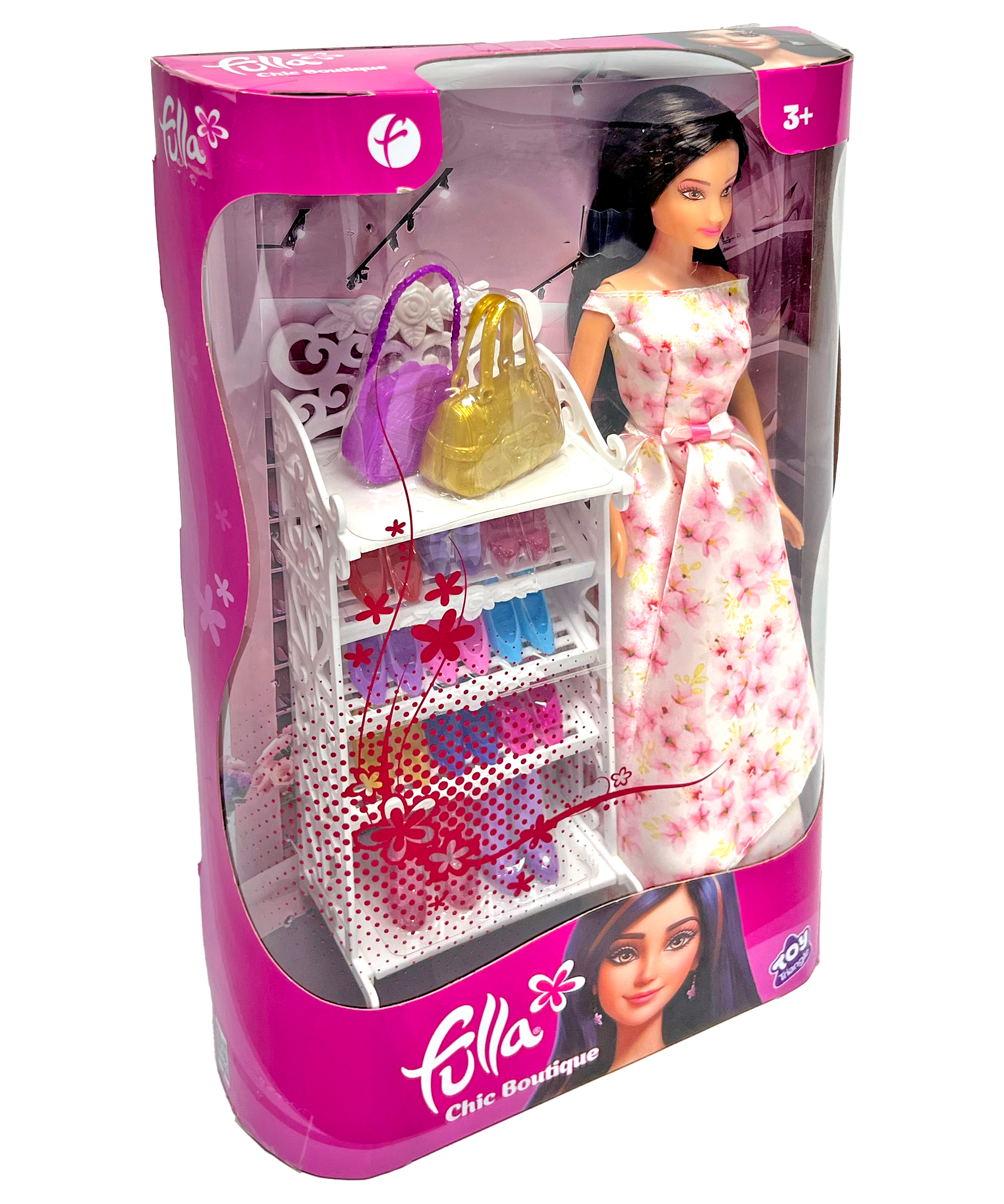 Fulla Chic Boutique Doll, Fashion Doll with 10 Pairs of Shoes, Handbags, Ankle Boots & Shoe Shelf for Creative Dress-Up Play for Girls, Age 3+