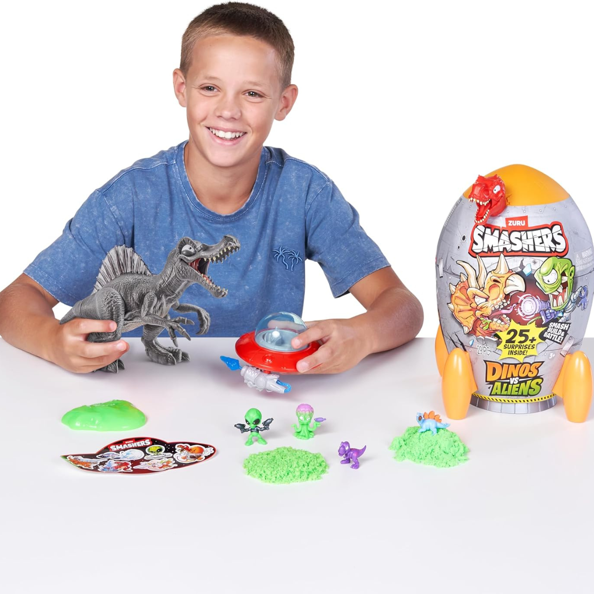Smashers Dinos vs Aliens Rocket with 20+ Surprises Dinosaur and Alien Build Set for Kids, Slime Dirt Excavation, Smash and Build Action Figure Toy, Spinosaurus Theme, Ages 3+