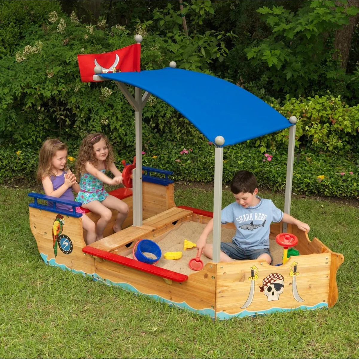 KidKraft Pirate Sand Boat Sandbox with Canopy and Storage, Wooden Outdoor Sand Play Boat for Kids Ages 5 and Up, Weather Resistant Wood, Large Play Area, Pirate Theme