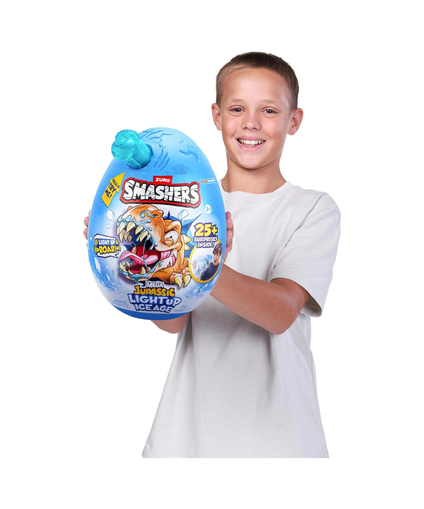 Smashers Mega Jurassic Light Up Ice Age Spinosaurus Dino Egg Toy with 25 Surprises Slime Sand Glow Features Roaring Sound Effects Collectible Dinosaur Build Kit for Kids 3+