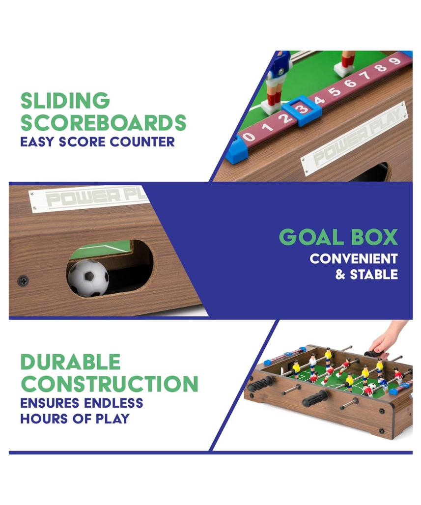Power Play TY5893DB Table Top Football Foosball Game, 20 Inch Compact Game Table for Boys and Girls 5+, Sturdy Wooden Construction, Smooth Rotating Rods, Manual Score Tracker, Indoor Family Fun