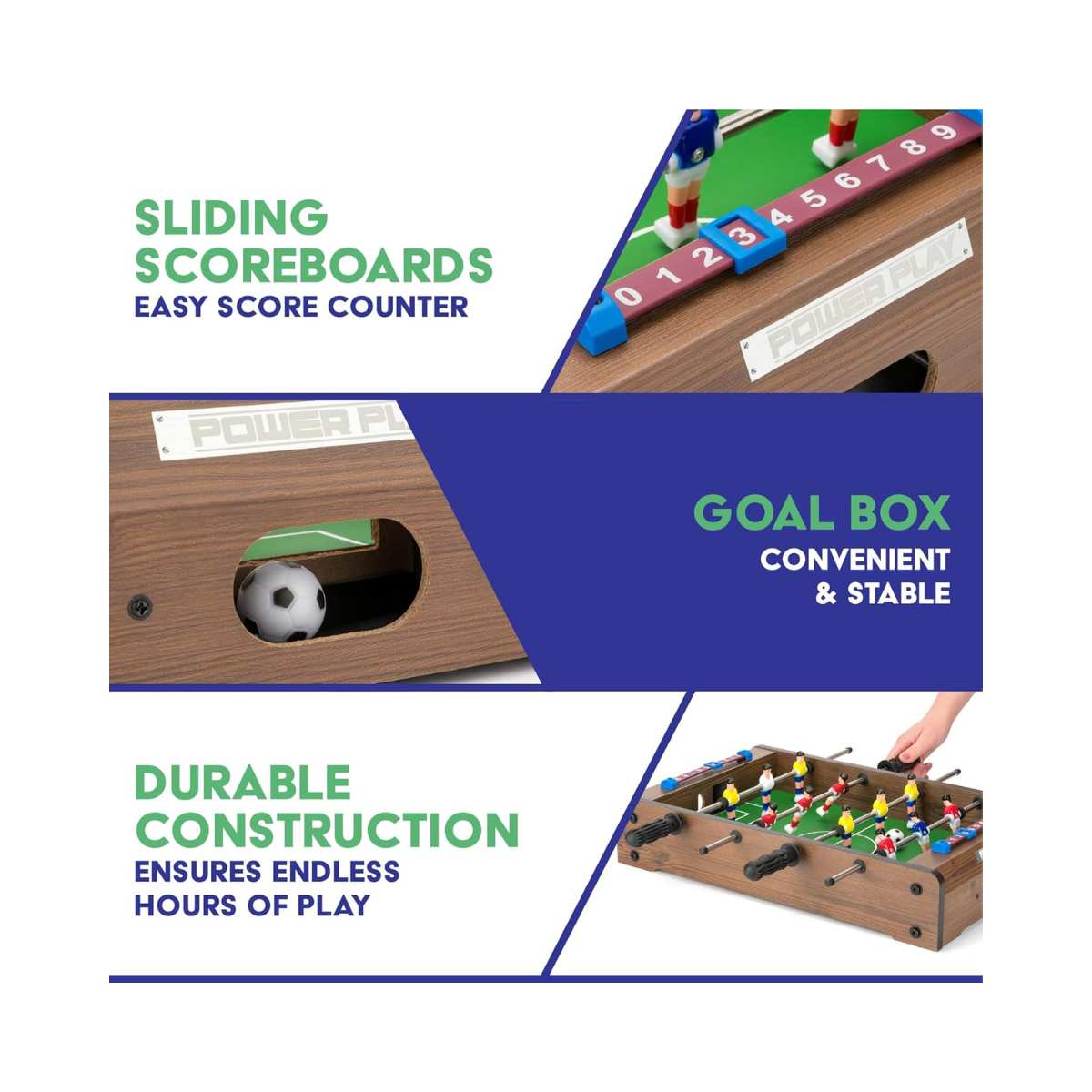 Power Play TY5893DB Table Top Football Foosball Game, 20 Inch Compact Game Table for Boys and Girls 5+, Sturdy Wooden Construction, Smooth Rotating Rods, Manual Score Tracker, Indoor Family Fun