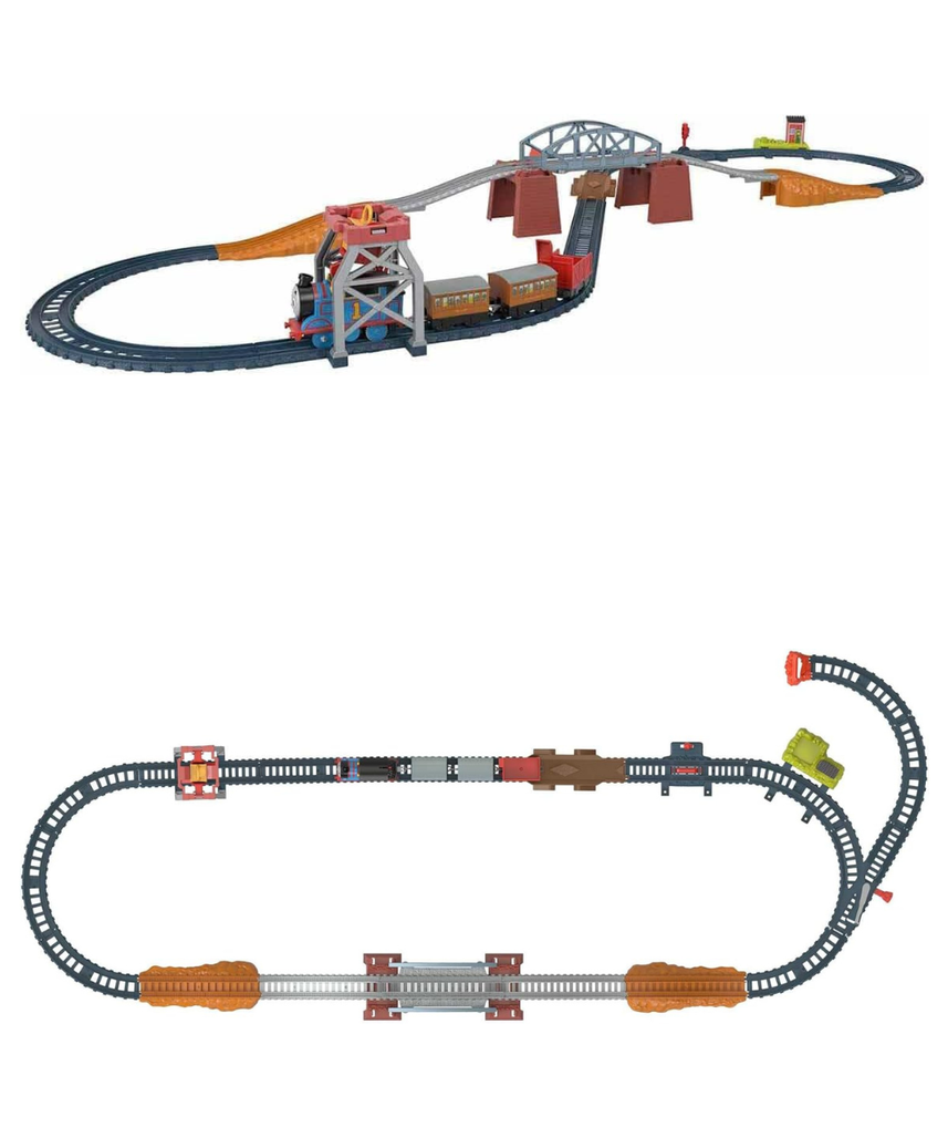 Thomas & Friends Fisher-Price 3-in-1 Package Pickup Train Set, Motorized Thomas with Annie & Clarabel, 3 Track Layouts, Battery-Powered, Ages 3+