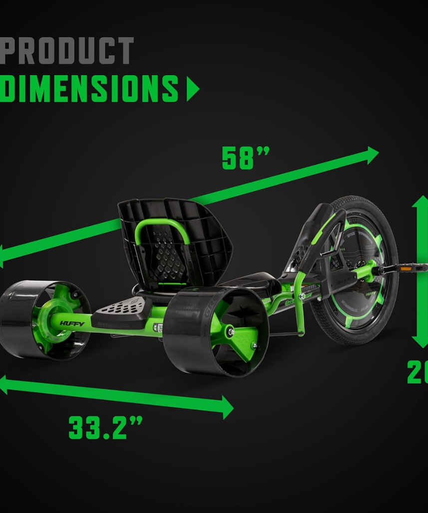 Huffy Green Machine Drift Trike, 20 Inch Pedal Powered Ride On with LED Lights, Dual Steering Levers and Adjustable Seat, Outdoor Drift Trike for Kids 8Y+