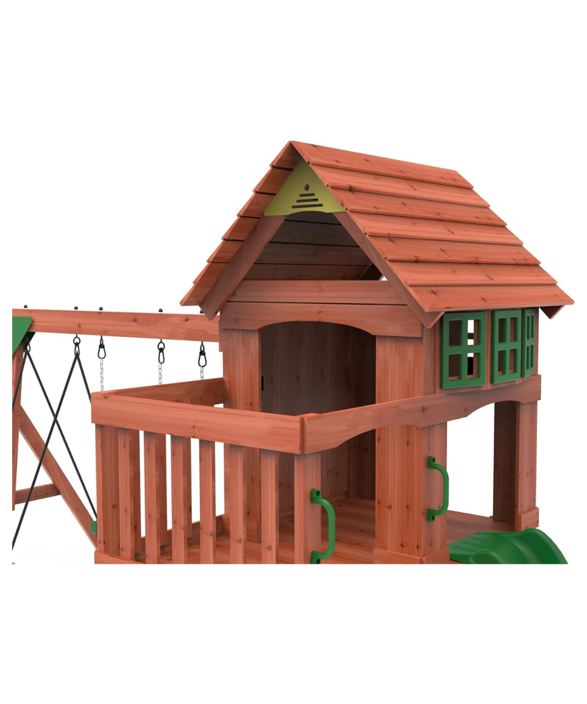 Kiddoro Playful Peaks Wooden Outdoor Playset with Slide, Swings, Glider & Climbing Wall for Kids 3+ Years