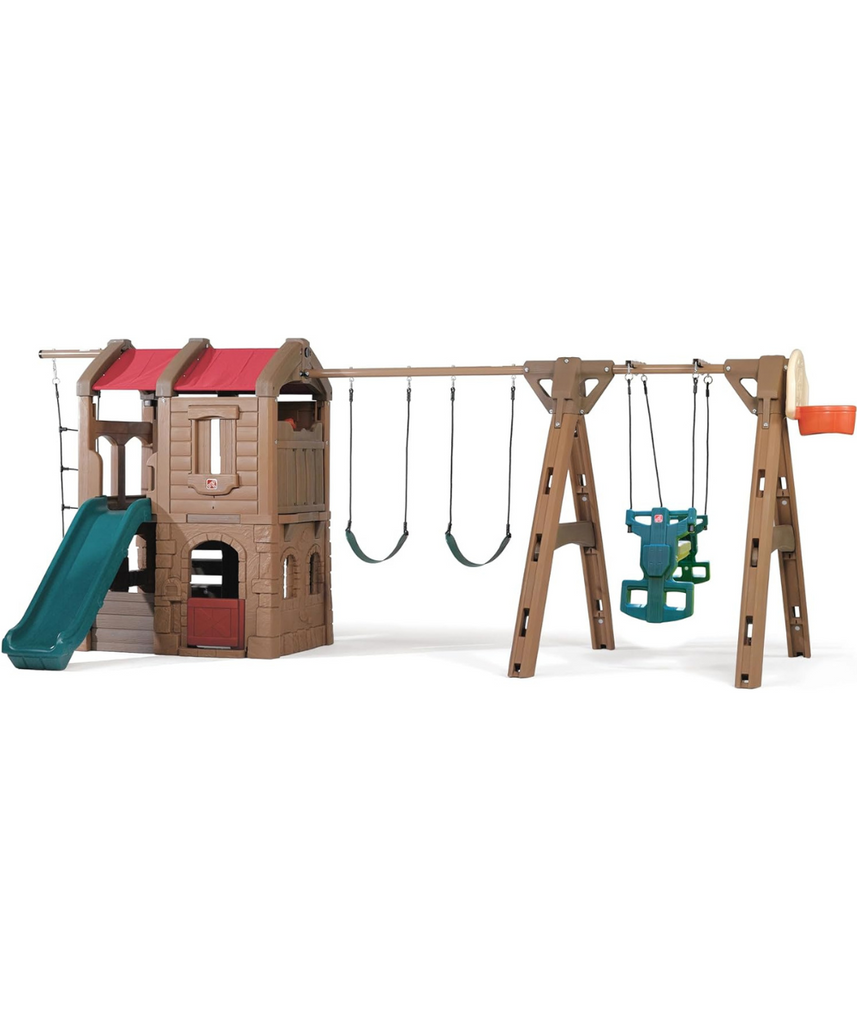 Step2 Advent Lodge Play Center with Glider 801400, Outdoor Climber & Slide, Swings, Basketball Hoop, Rope Ladder, Multicolor Plastic Playset, Sturdy Double-Wall Construction, Ages 3+