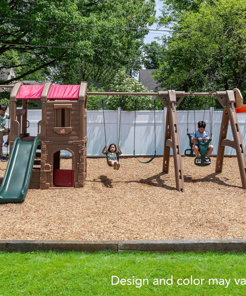 Step2 Advent Lodge Play Center with Glider 801400, Outdoor Climber & Slide, Swings, Basketball Hoop, Rope Ladder, Multicolor Plastic Playset, Sturdy Double-Wall Construction, Ages 3+