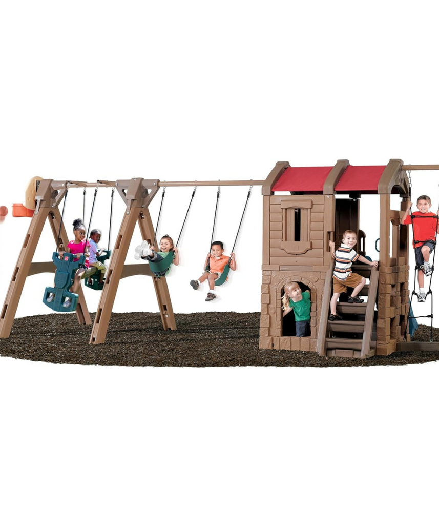 Step2 Advent Lodge Play Center with Glider 801400, Outdoor Climber & Slide, Swings, Basketball Hoop, Rope Ladder, Multicolor Plastic Playset, Sturdy Double-Wall Construction, Ages 3+