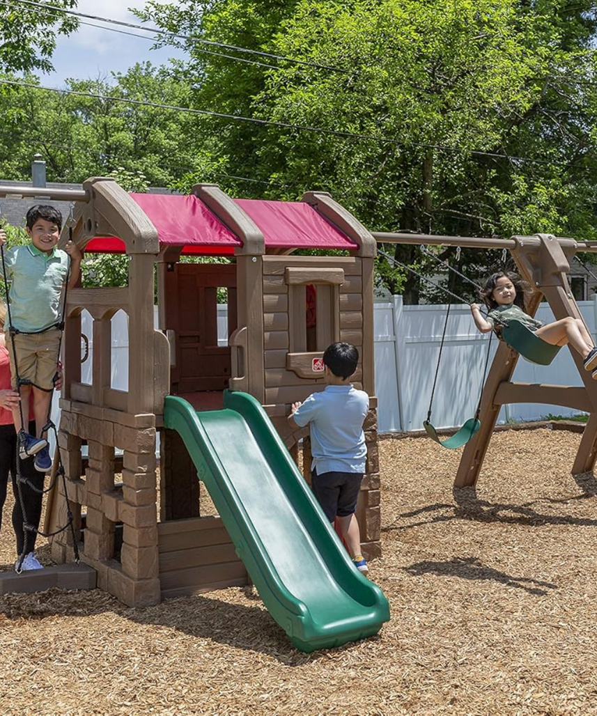 Step2 Advent Lodge Play Center with Glider 801400, Outdoor Climber & Slide, Swings, Basketball Hoop, Rope Ladder, Multicolor Plastic Playset, Sturdy Double-Wall Construction, Ages 3+