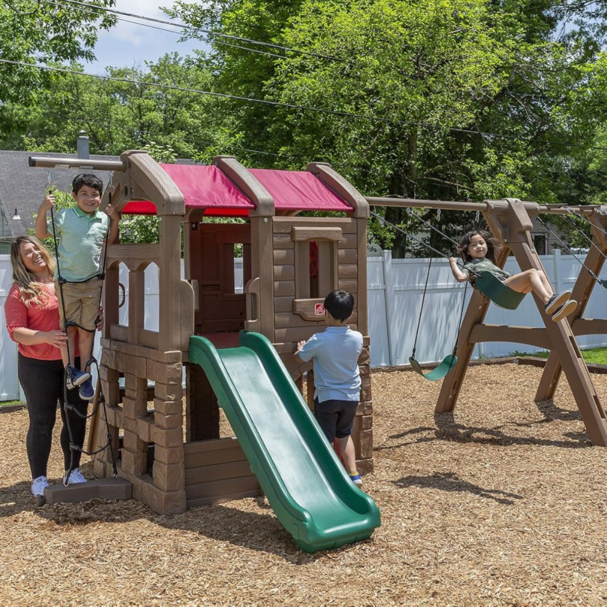 Step2 Advent Lodge Play Center with Glider 801400, Outdoor Climber & Slide, Swings, Basketball Hoop, Rope Ladder, Multicolor Plastic Playset, Sturdy Double-Wall Construction, Ages 3+
