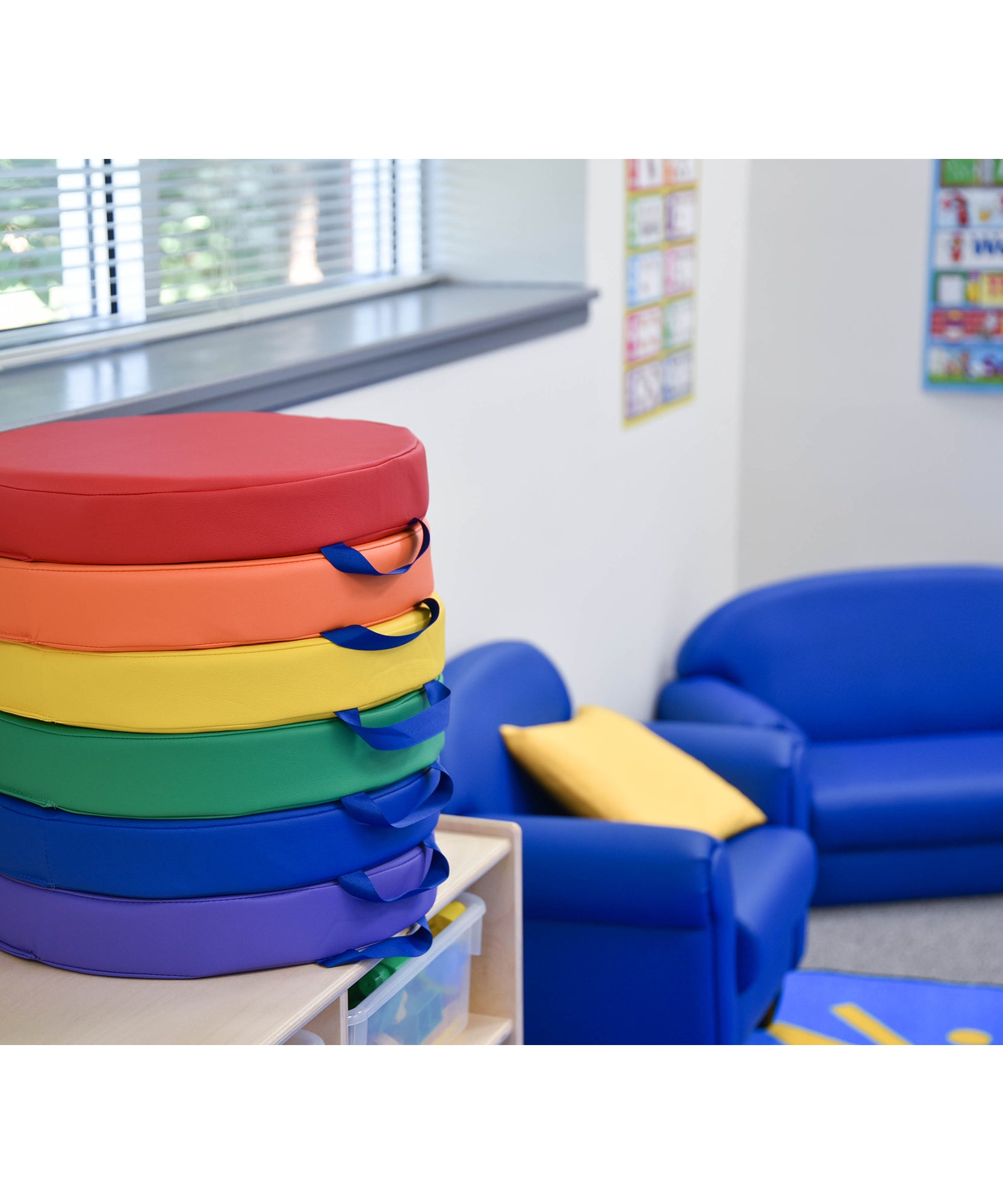 SoftScape Round Floor Cushions 15 Inch 6 Piece Set, Kids Flexible Seating with Handles and Non Slip Base, Foam Classroom and Playroom Floor Pillows, Ages 2+