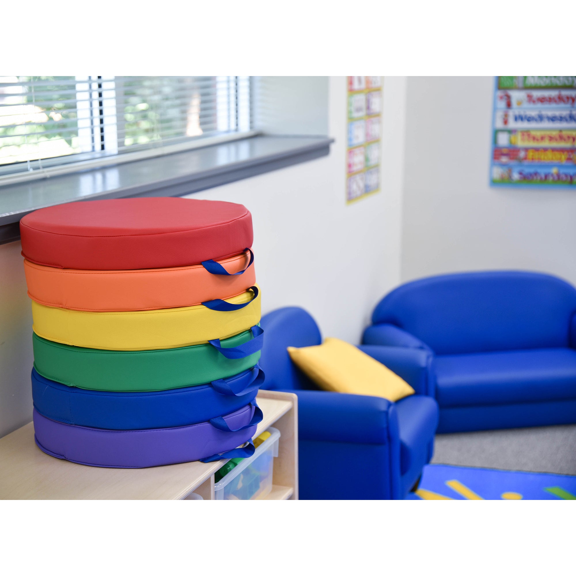 SoftScape Round Floor Cushions 15 Inch 6 Piece Set, Kids Flexible Seating with Handles and Non Slip Base, Foam Classroom and Playroom Floor Pillows, Ages 2+