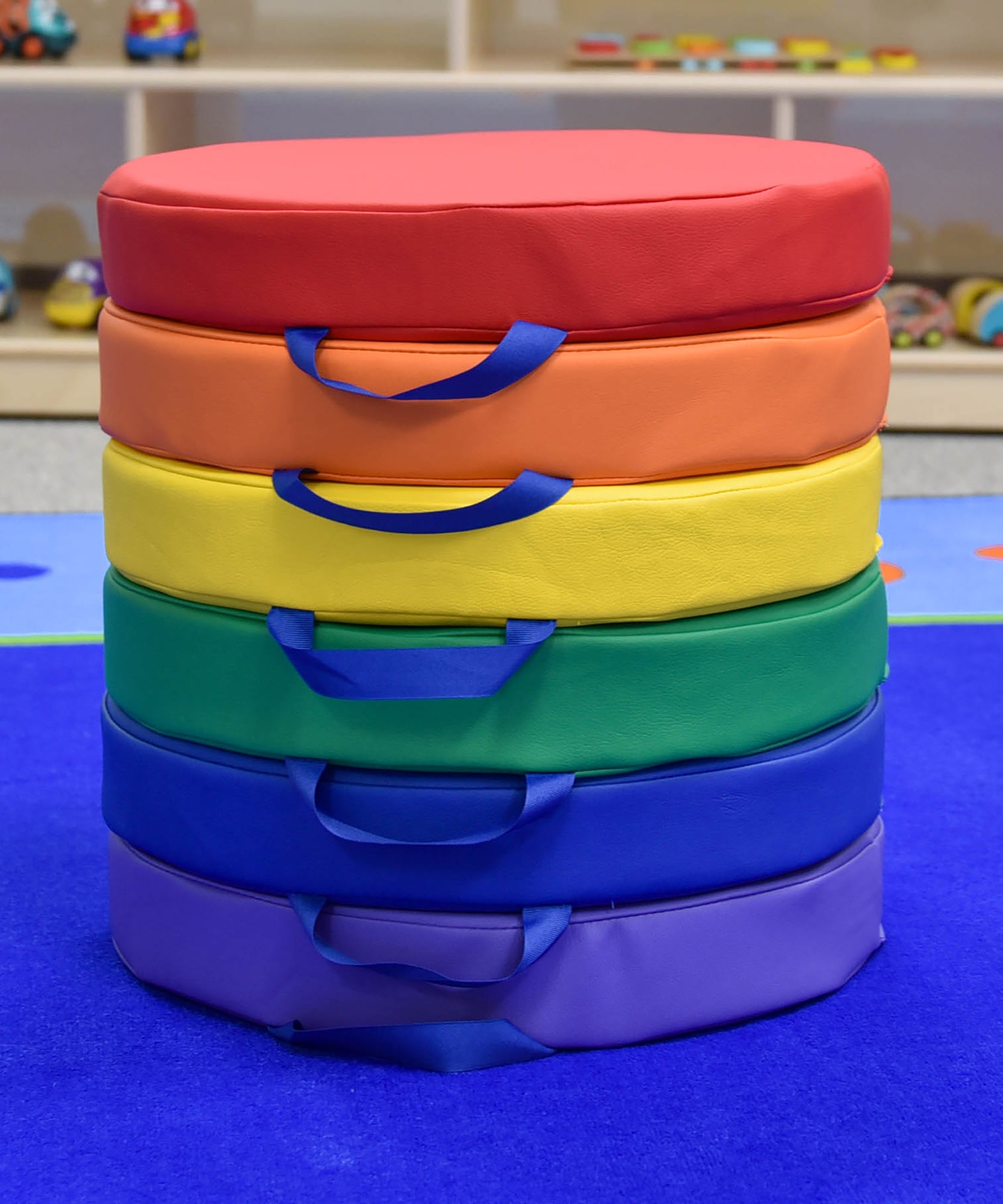 SoftScape Round Floor Cushions 15 Inch 6 Piece Set, Kids Flexible Seating with Handles and Non Slip Base, Foam Classroom and Playroom Floor Pillows, Ages 2+