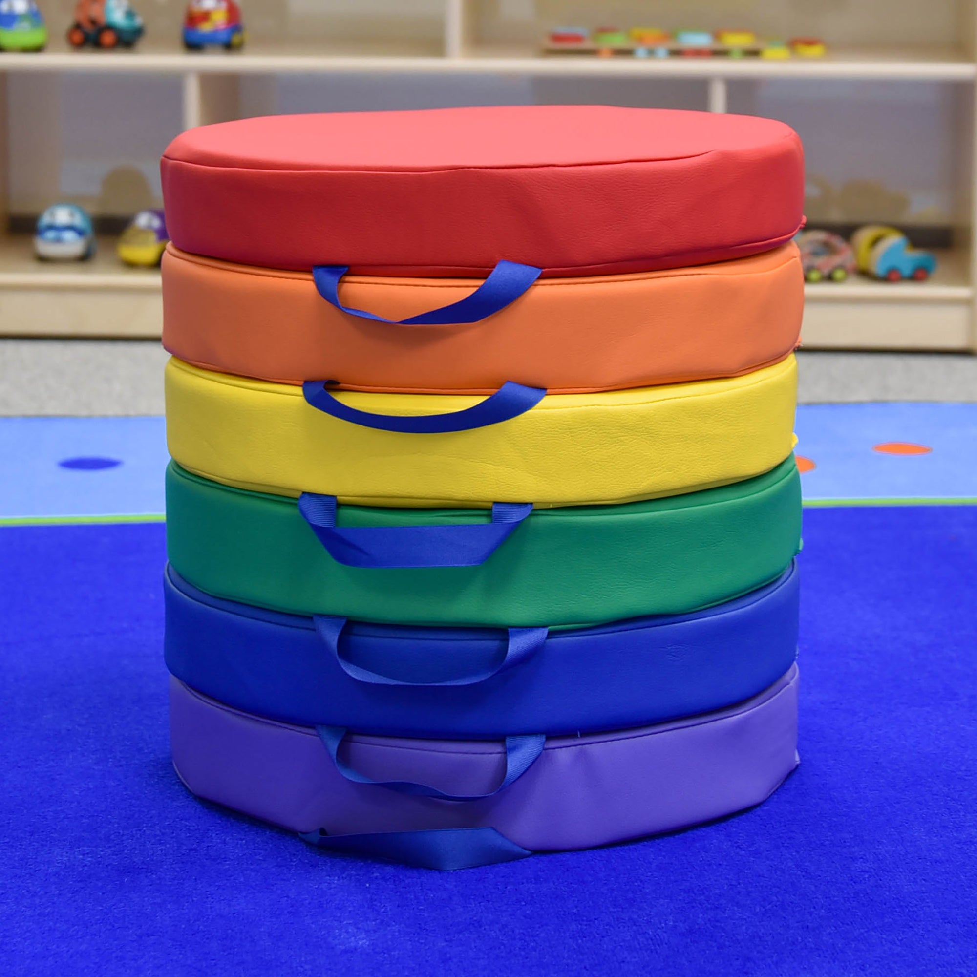 SoftScape Round Floor Cushions 15 Inch 6 Piece Set, Kids Flexible Seating with Handles and Non Slip Base, Foam Classroom and Playroom Floor Pillows, Ages 2+