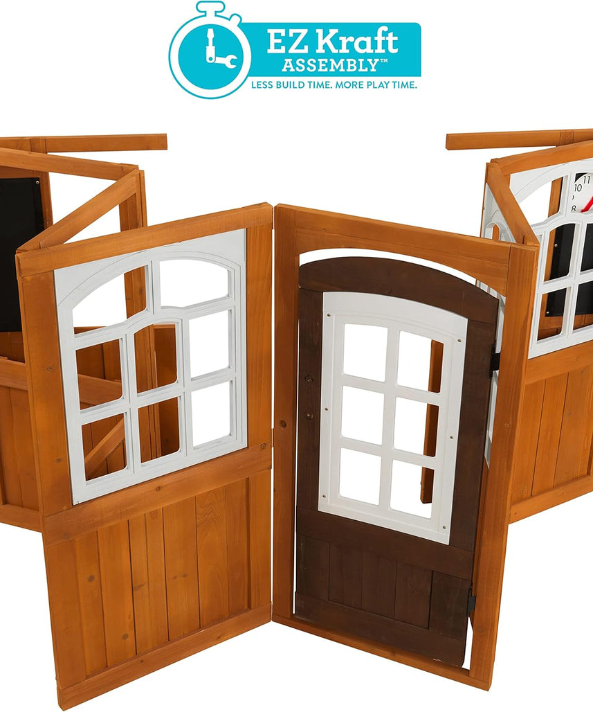 KidKraft 405 Garden View Wooden Outdoor Playhouse, Backyard Playhouse with Café Style Windows, Interactive Accessories, Ages 3 to 8, EZ Kraft Assembly, Weather Resistant Wood