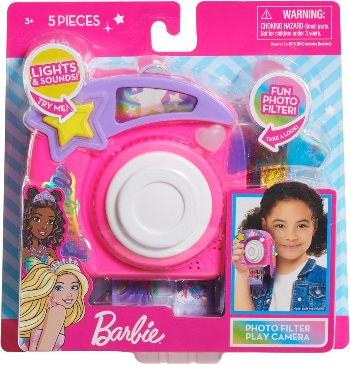 كاميرا باربي فوتو فيلتر للعب، لعبة توجيه وإطلاق النار للأطفال من سن 3 إلى 10 سنوات، تتضمن فلاش النجوم، وحقيبة قوس قزح، ومرشحين للتأثيرات، وصور للعب، وألعاب تعليمية وخيالية