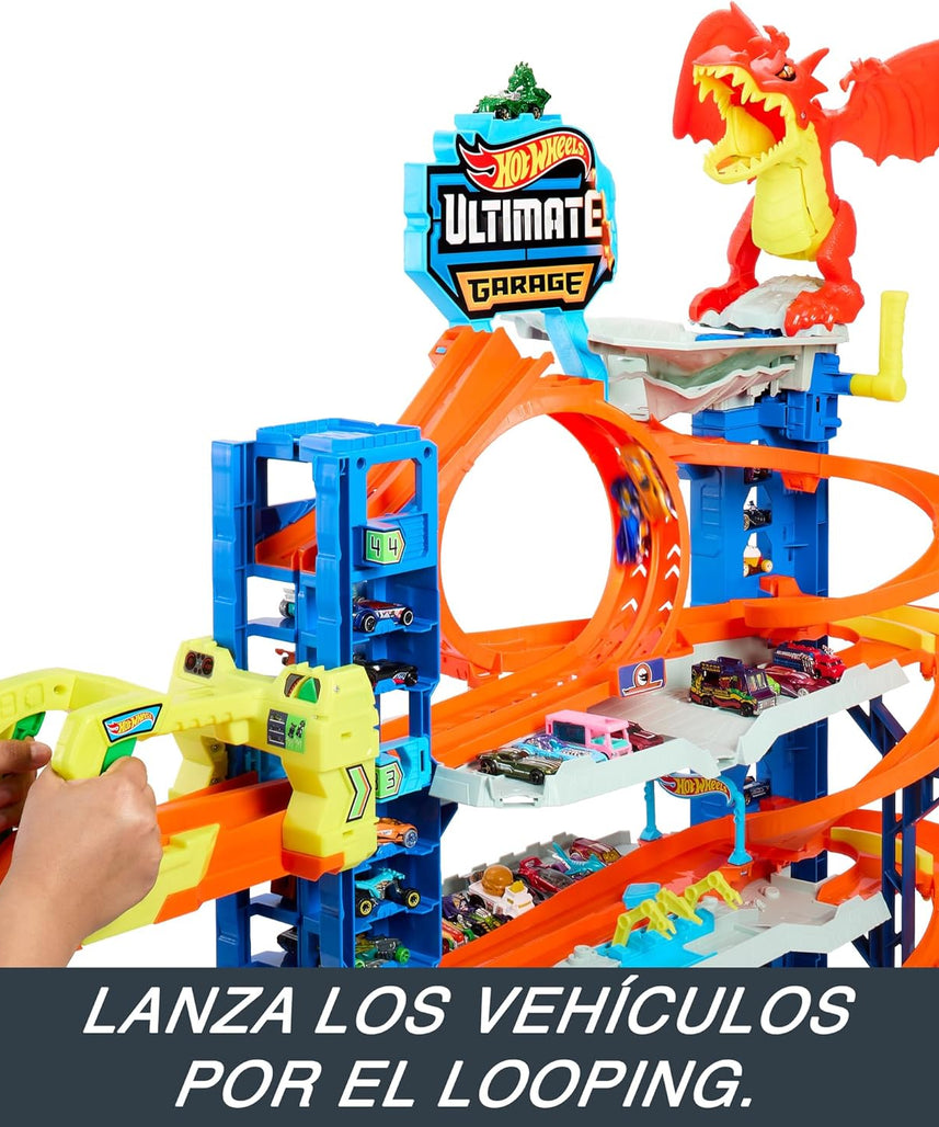 Hot Wheels City Ultimate Garage Playset with Dragon, 2 Die-Cast Cars Included, Multi-Level Track, Parking for 50+ Cars, Kids Toy Garage, Ages 4+