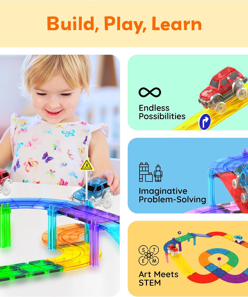 PicassoTiles 2 Piece Swift Highly Detailed Race Track Truck Cars Accessories in Bulk Package Compatible with STEM Magnetic Tile Race Track Building Kits for Kids Boys & Girls Ages 3+ and Older PTE05
