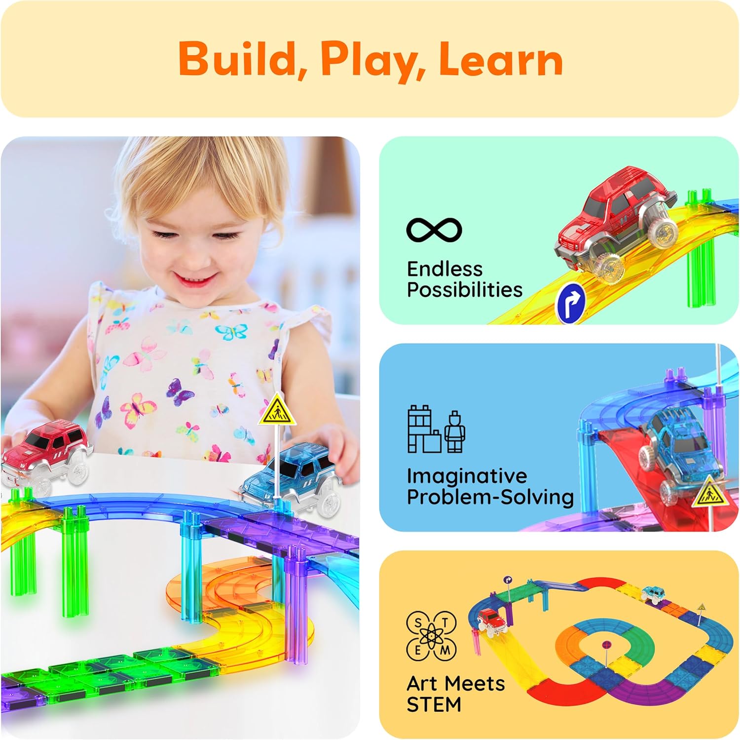 PicassoTiles 2 Piece Swift Highly Detailed Race Track Truck Cars Accessories in Bulk Package Compatible with STEM Magnetic Tile Race Track Building Kits for Kids Boys & Girls Ages 3+ and Older PTE05