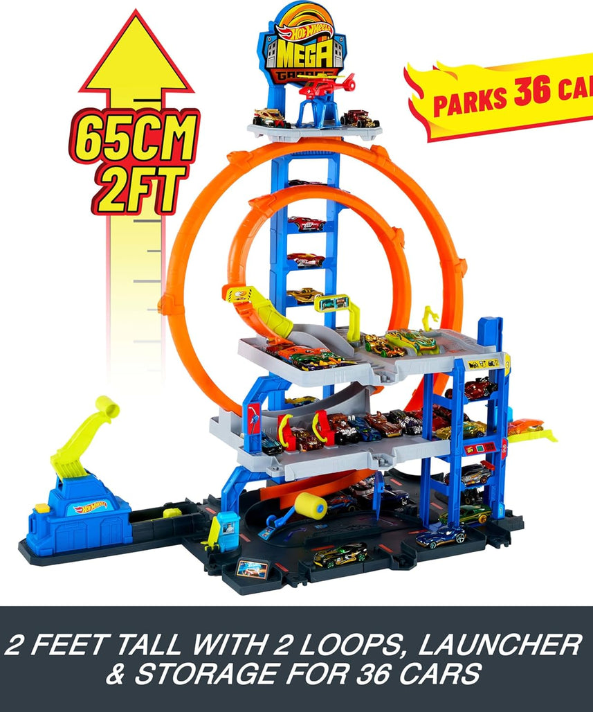 Hot Wheels Mega Loop Garage Track Set with Die-Cast Car & Helicopter, Double Loop Racing, Multi-Level Parking for 36 Cars, Speed Snap Track Adapters, Toy Garage Playset for Kids 4 Years+