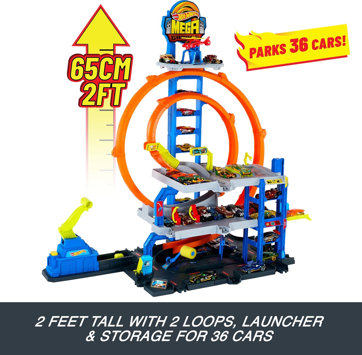 Hot Wheels Mega Loop Garage Track Set with Die-Cast Car & Helicopter, Double Loop Racing, Multi-Level Parking for 36 Cars, Speed Snap Track Adapters, Toy Garage Playset for Kids 4 Years+