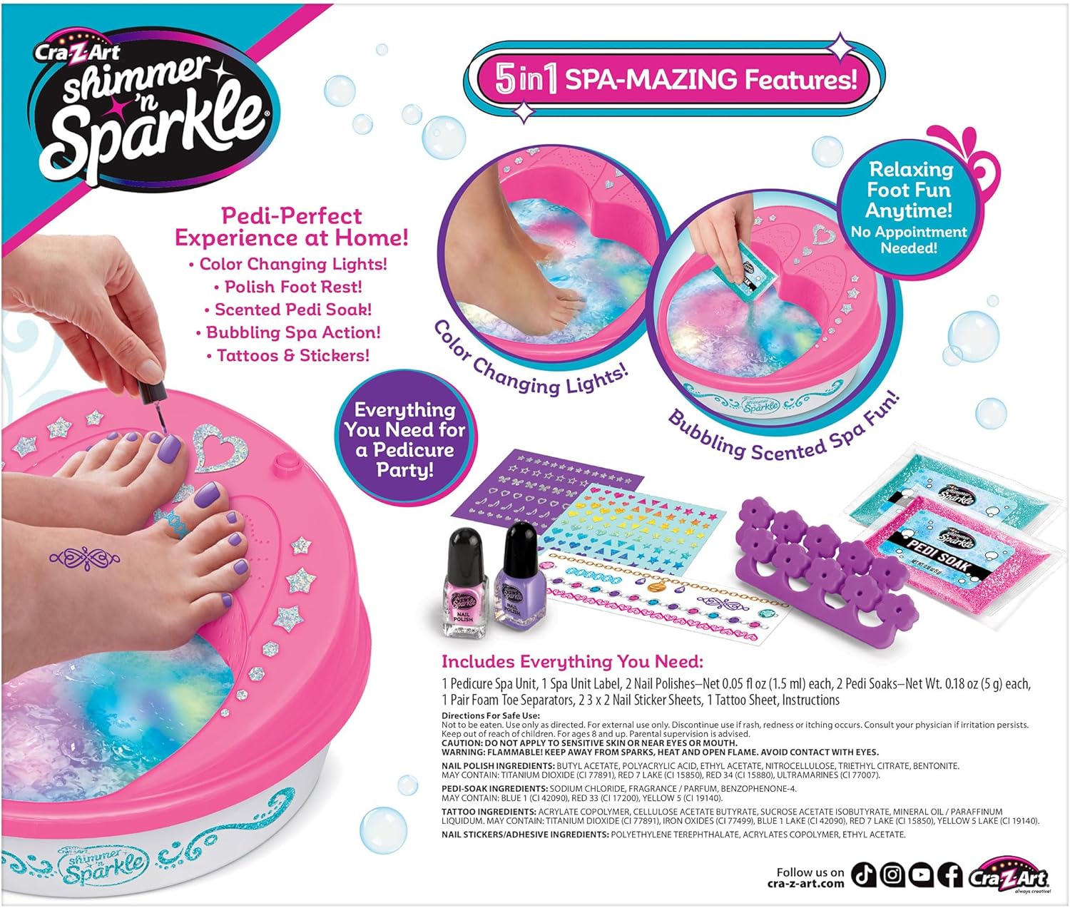 Shimmer N Sparkle Light Up 5-in-1 Light-Up Super Spa Salon, At-Home Pedicure Kit with Color-Changing Light Effects, Salon-Style Foot Spa for Kids & Adults