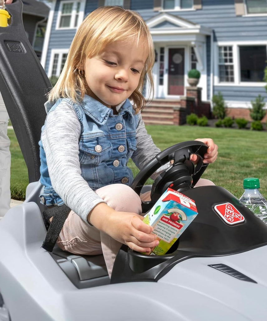 Step2 Whisper Ride Cruiser Kids Push Car with Parent Handle, Seat Belt, Horn & Storage Trunk, Single Seater Ride-On Toy for Boys and Girls, Gray, Pink & Blue, Ages 18 Months+