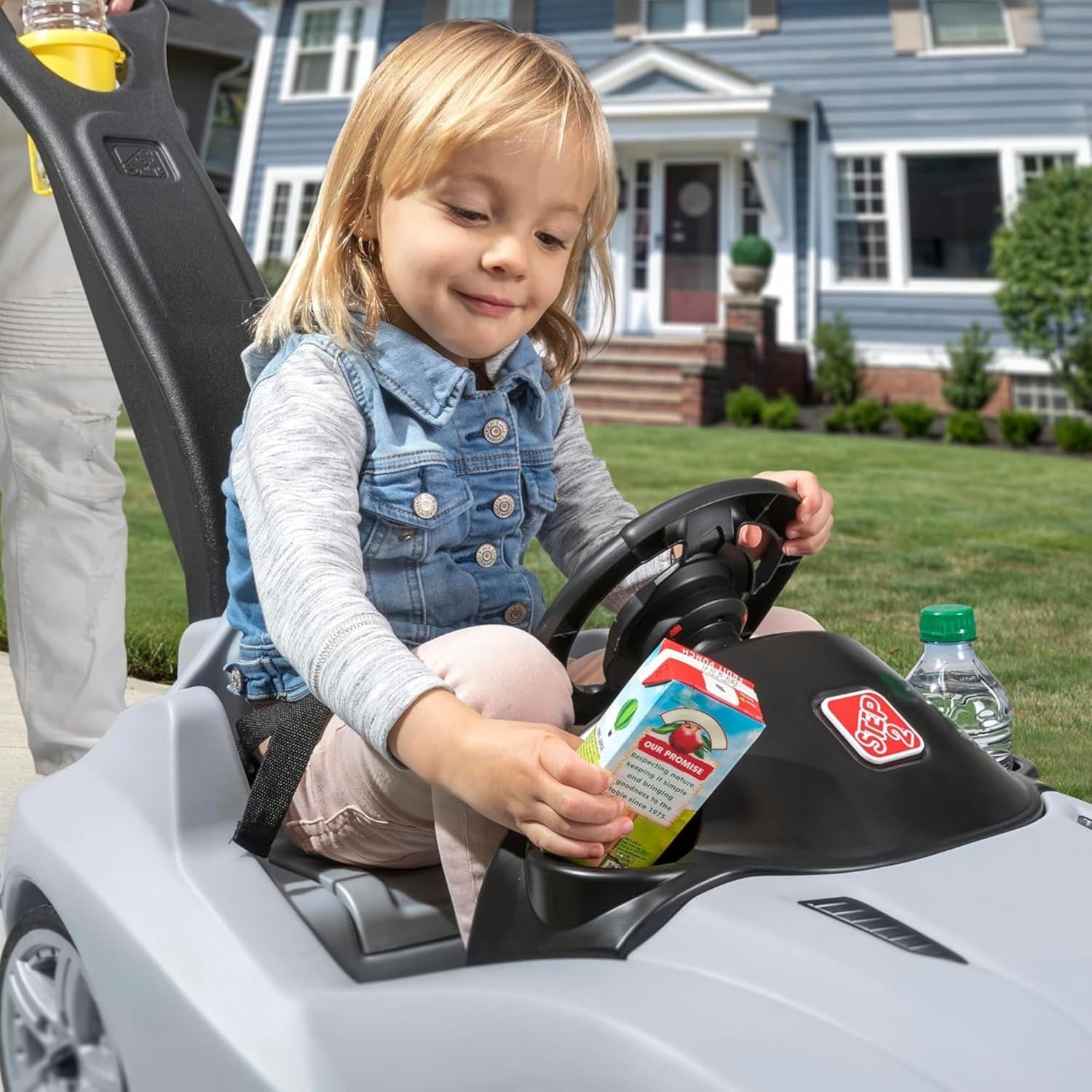Step2 Whisper Ride Cruiser Kids Push Car with Parent Handle, Seat Belt, Horn & Storage Trunk, Single Seater Ride-On Toy for Boys and Girls, Gray, Pink & Blue, Ages 18 Months+